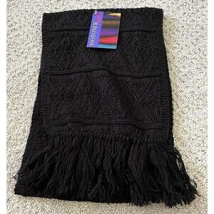 Isotoner Womens Scarf Jet Black Fringe Knit Cozy Winter Fall Textured OS NEW